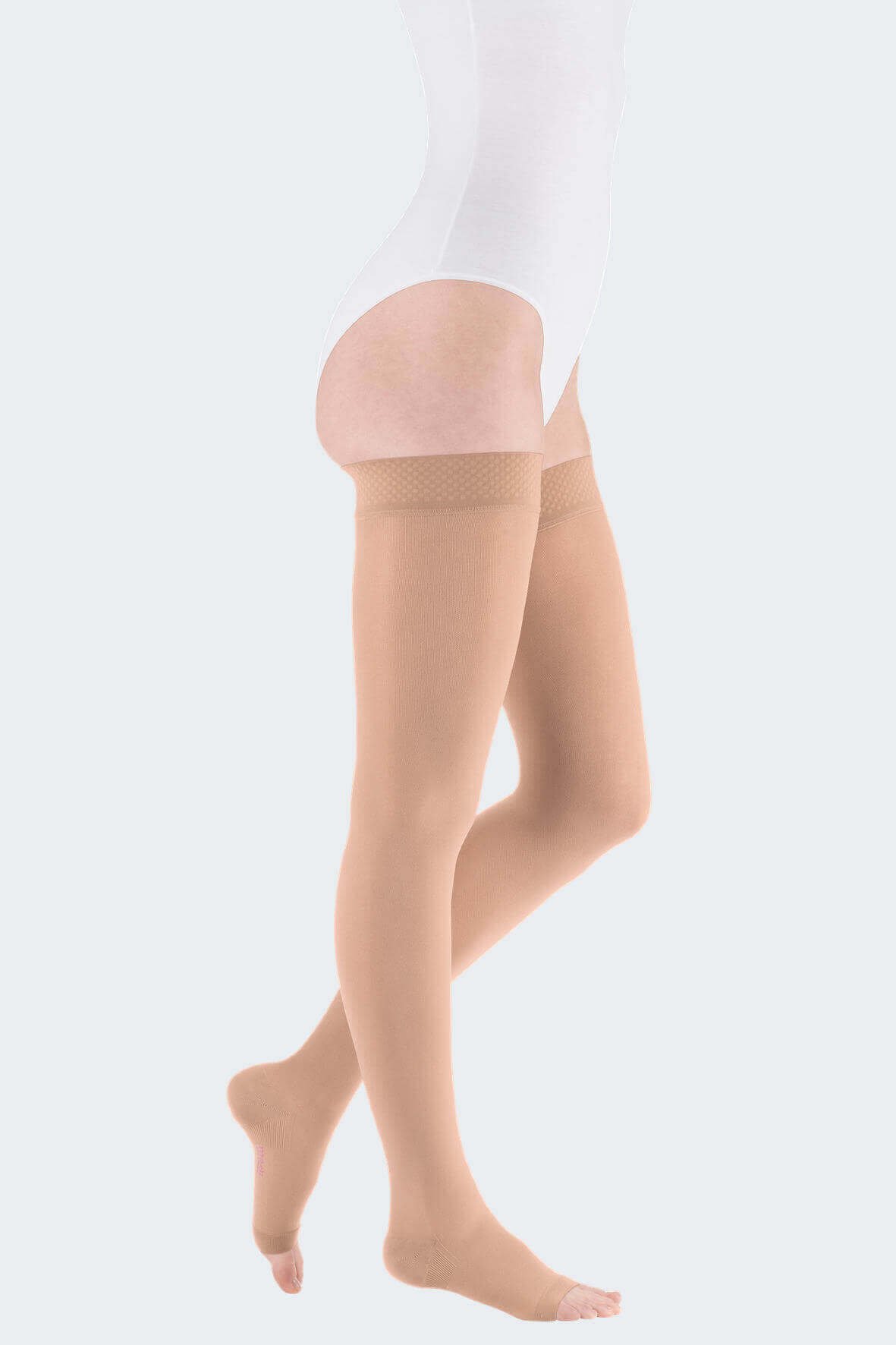 Панчохи компресійні на широке стегно Medi (Німеччина) mediven comfort (1 клас компресії) карамель, короткі, відкритий носок, розмір 1