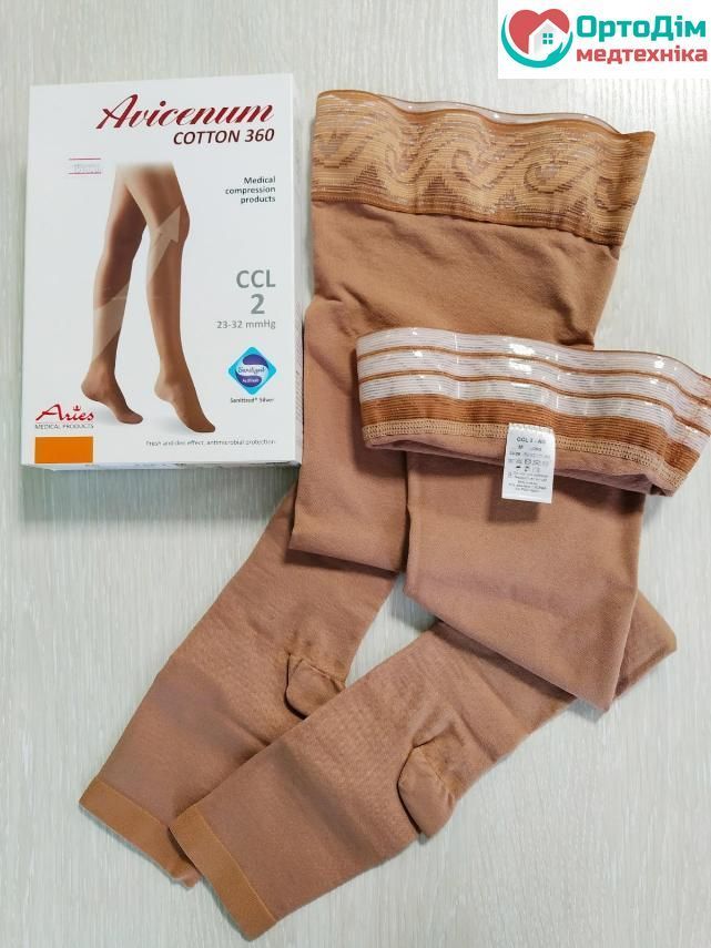 COTTON: Чулки компрессионные (60% хлопок) Aries (Чехия) Avicenum 360 (2 класс компрессии) бежевые, короткие, открытый носок, с кружевом, размер S+